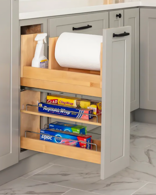 Towel rack organizer inside a cabinet