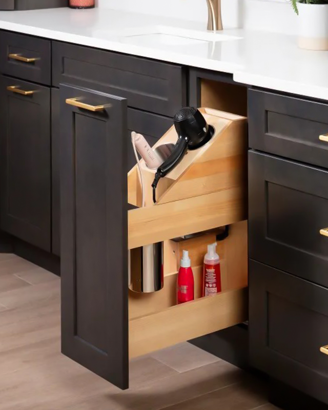 Vanity organizer inside a cabinet